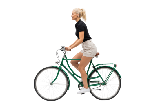 Young caucasian woman, athletic and radiant, cycling an emerald green vintage city bike in black polo and beige shorts against a clean white studio background. Concept of healthy urban transport