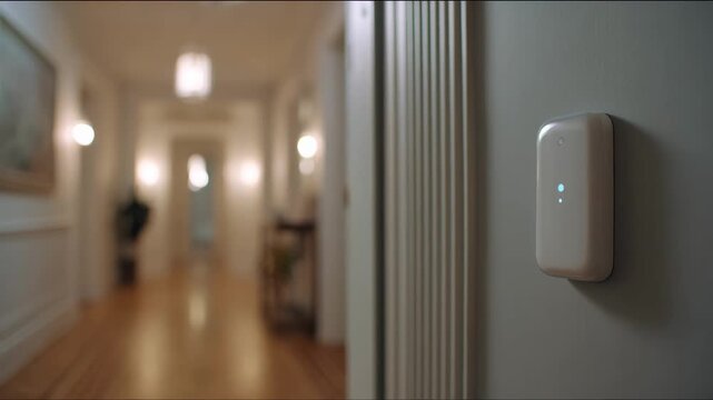 Medium shot of a hallway sensor installation detecting motion highlighting smart technology for early alerting and enhanced indoor protection
