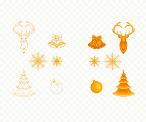 Christmas symbols: tree, deer, balls, snowflakes, bells in two different vector images on a transparent background.