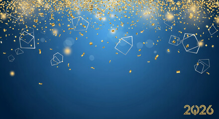 Blue gradient background with falling golden confetti and geometric silver shapes, representing celebration, new year and festive atmosphere with space
