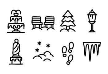 A winter park scene showcases a fountain, two benches, a snow-covered tree, and a lamp post. Footprints mark the snowy ground, creating a serene atmosphere during snowfall.