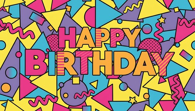 Retro 80s style happy birthday background with geometric shapes - Powered by Adobe