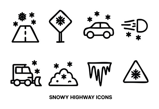 Different symbols depict snowy highway conditions, including signs for caution, vehicles, and snow removal. These icons emphasize the importance of safety during winter travel.