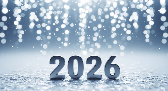Metallic numerals "2026" on sparkling snowflake surface, with blurry lights above, representing upcoming New Year, celebration, or future event