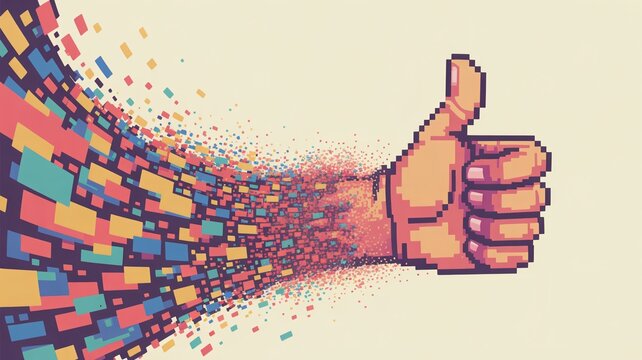 Pixelated thumbs up with vibrant geometric particles conveys approval
