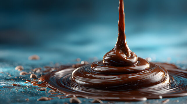 Close up view of dark melted chocolate being poured into a pool of more melted chocolate