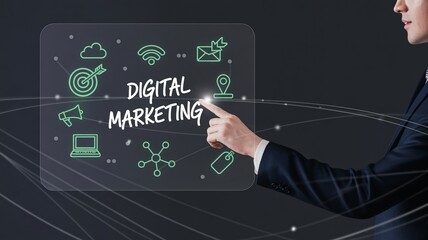Modern businessman touching digital marketing concept on screen