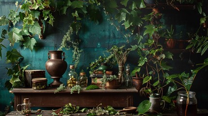Interior scene of a wooden shelf adorned with herbs, potions, and trailing greenery