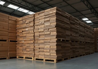 Huge stacks of corrugated cardboard boxes packed tightly onto wooden pallets in a large commercial distribution warehouse ready for shipment, storage unit, storage, transport