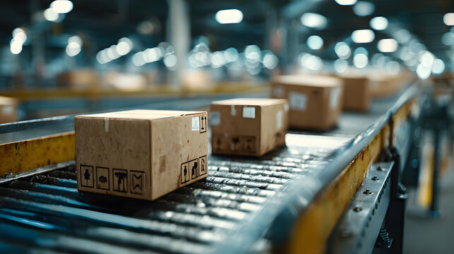 Cardboard boxes moving on a complex conveyor belt