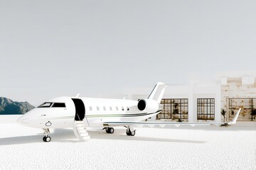A private jet is parked at a modern, minimalist white building, showcasing luxury travel and upscale architecture