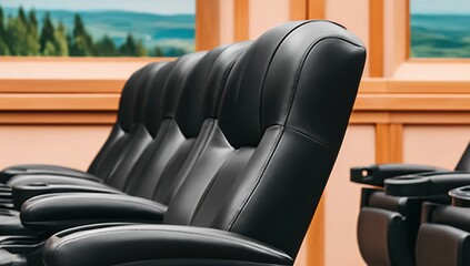 Luxurious black leather theater seats offer comfortable seating in a modern venue with a scenic view