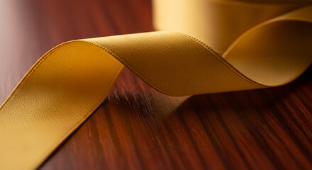 Close-up of a gold ribbon on a wood surface. Its smooth texture and graceful curve evokes elegance and festivity, perfect for gift concepts.