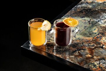 Elegant top-view arrangement featuring a glass of golden apple cider and a rich red wine, showcasing vibrant colors and refined glassware, perfect for bar menus, wine tasting, and lifestyle promotions