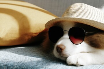 A cute puppy wearing sunglasses and a straw hat naps peacefully on a sofa