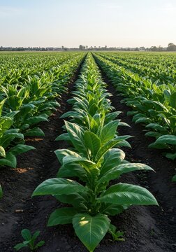 Large green tobacco plants growing robustly in long agricultural rows under bright summer sunlight on fertile farming land awaiting the season's harvest ,nature ,rows ,fertile