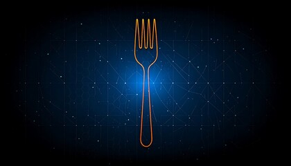 Glowing golden fork outline is centered on a blue, dotted, network-like background