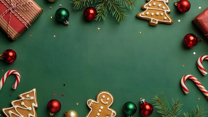 Christmas Flat Lay Background with Gingerbread Cookies, Candy Canes and Holiday Decorations on Green