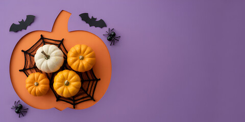 Halloween Flat Lay with Mini Pumpkins, Spider Web and Bats on Purple Background