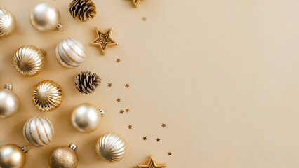 Elegant Gold Christmas Ornaments and Pinecones Flat Lay on Beige Background