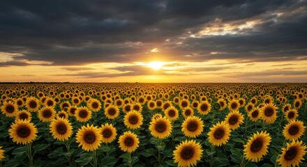 Obraz premium Majestic summer landscape featuring vibrant yellow sunflowers stretching across a vast field under a dramatic evening sunset sky ,field ,sunlight ,warm
