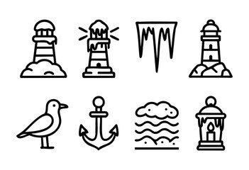 Lighthouses and winter symbols feature prominently in this coastal scene. The artwork combines marine life and elements, capturing the essence of the ocean and its surroundings.