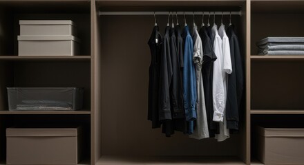 Organized closet interior with a rail holding many different types of clothing items like shirts, dresses, and jackets on hangers ,wardrobe, furniture, clothes