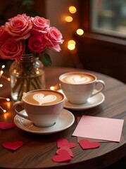 Fototapeta premium Two cups of coffee with heart latte art, pink roses, and red hearts on a wooden table, illuminated by fairy lights, symbolizing love and romance