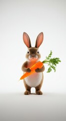 Obraz premium Minimalist style rabbit character holding an unusually luminous and bright orange carrot centered against a pure white background ,background, modern, carrot