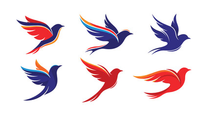 Fototapeta premium A dynamic set of six stylized flying bird logos in red and blue colors representing freedom speed and movement.