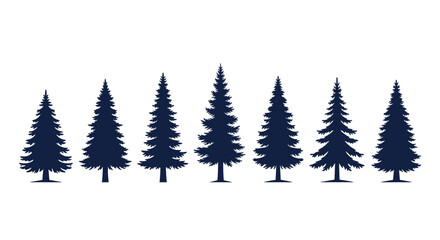 Obraz premium Collection of seven dark blue evergreen pine tree silhouettes showing various shapes and sizes isolated on a white background.