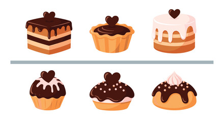 Delicious collection of six different chocolate desserts including cakes cupcakes and tarts with heart decorations on top.