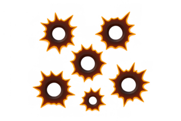 Bullet holes creating damage and destruction, vector gunshots showing violence and impact on transparent background