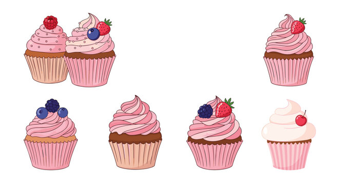 A delicious set of seven hand-drawn cupcakes with pink and white frosting decorated with fresh berries for bakery designs.