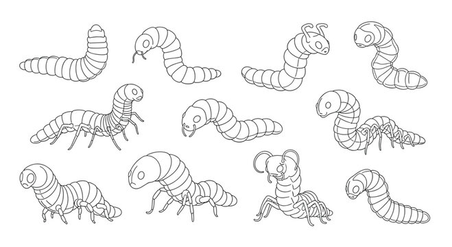 A collection of eleven cute cartoon caterpillar and insect larvae illustrations in a black and white line art coloring book style.