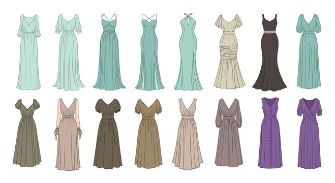 A large collection of sixteen women's long formal and bridesmaid dresses in various elegant styles and muted colors.