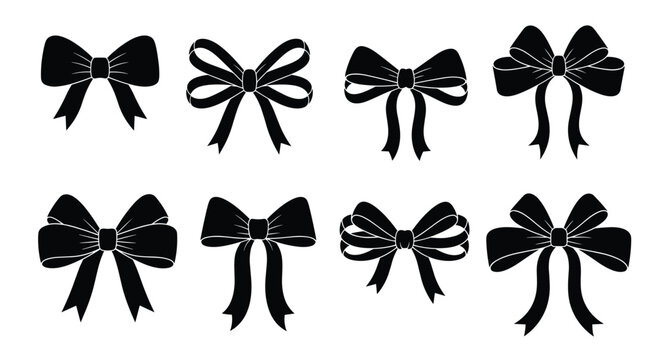 Collection of eight different black ribbon bow silhouettes for gift wrapping decoration and design elements on white.