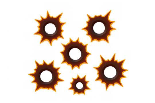 Bullet holes creating damage and destruction, vector gunshots showing violence and impact on transparent background
