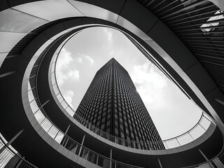 Obraz premium Modern skyscraper framed by a dynamic spiral architectural structure