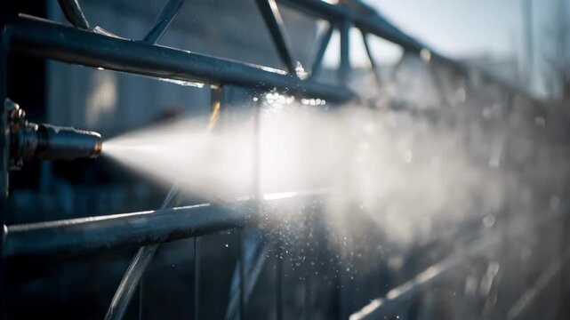 Medium shot of protective polymerless zinc coating being sprayed on metal surfaces outdoors showcasing environmental responsibility and innovation.
