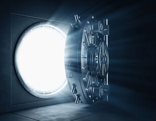 A partially open vault door with a bright light emanating from the opening