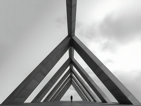 Person standing under a striking triangular architectural structure in monochrome