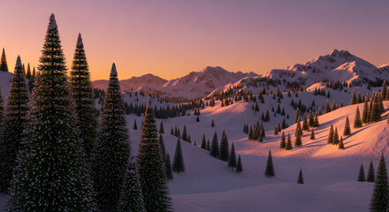 Panoramic view of a snowy mountain range with evergreen trees under a colorful sky, showcasing peace, tranquility, and winter landscape beauty