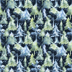 Seamless pattern with watercolor winter trees on dark blue background