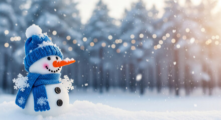 Close-up of a snowman with carrot nose, blue hat, and scarf, standing in snow, representing winter, holiday, and festive cheer, season concept