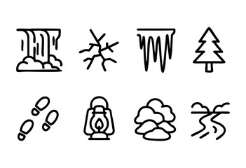 Various simple icons represent nature, highlighting elements such as waterfalls, tree lines, and icicles along with walking footprints and lanterns, conveying outdoor activity.