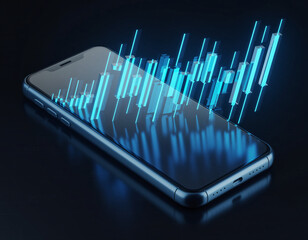 Smartphone displaying a glowing blue stock market graph on its screen surface