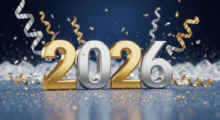 Image shows 2026 number in metallic gold and silver, with confetti and streamers on a blue glitter background, representing a new year celebration