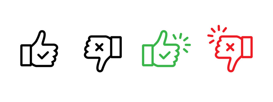 Like dislike icon. Outline thumbs with check and cross marks for approve or reject feedback symbol. Clear vote gesture for UI rating sign. Minimal choice action for web interface concept pictogram.