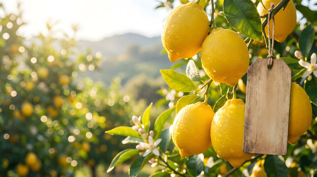 Fresh Ripe Lemons Hanging on a Lemon Tree in a Sunlit Orchard with Wooden Tag | Organic Citrus Farming & Natural Fruit Produce,  Beautiful lemon Orchard